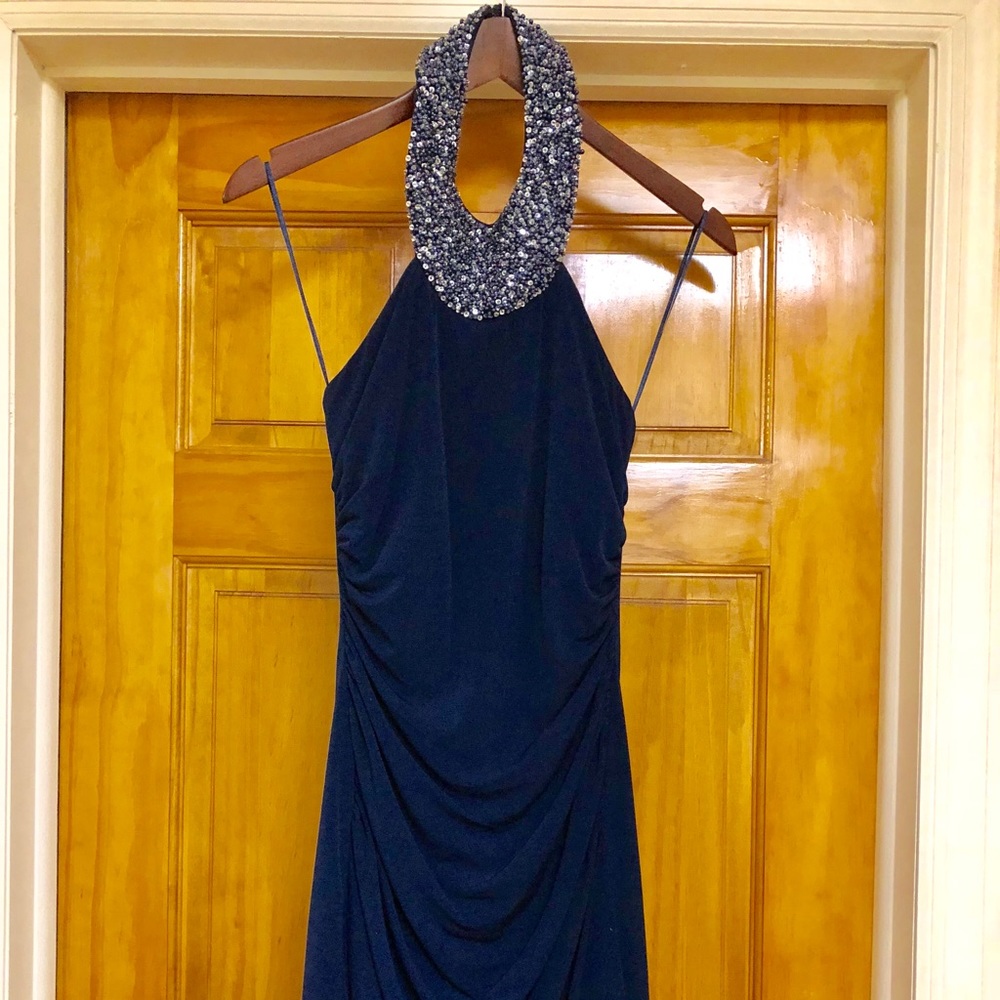 Us Boutique Ruched Bodycon Jeweled Halter Dress